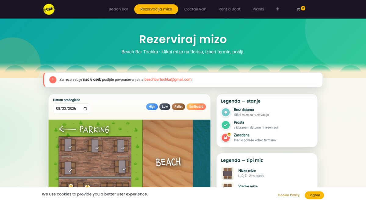 Rezervacijski sistem miz na tochka.zone: tloris s prikazom zasedenosti